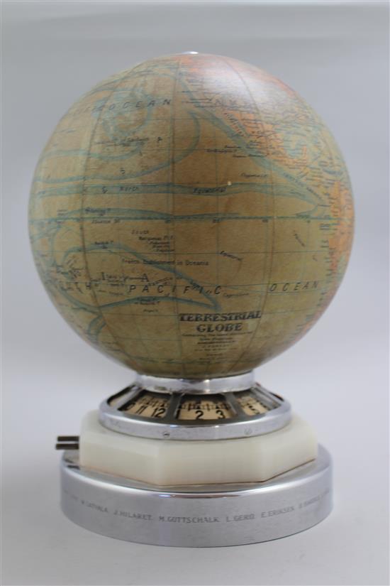 A Jaeger Le Coutre globe timepiece, height overall 10.5in.